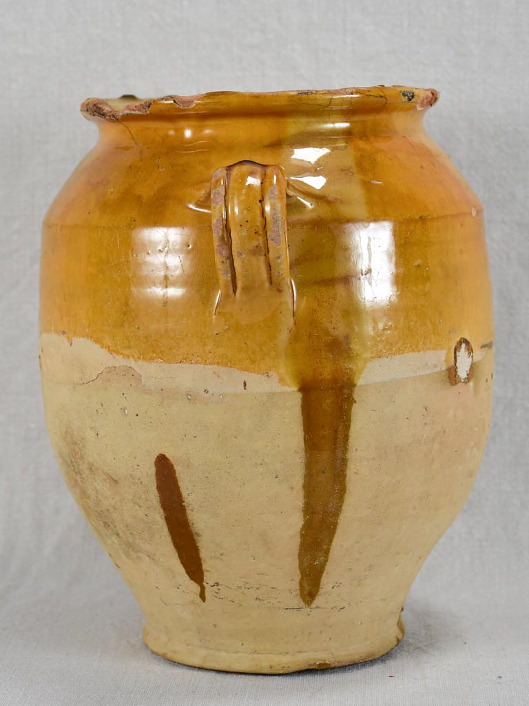 Rustic antique French confit pot with yellow / orange glaze 9¾"