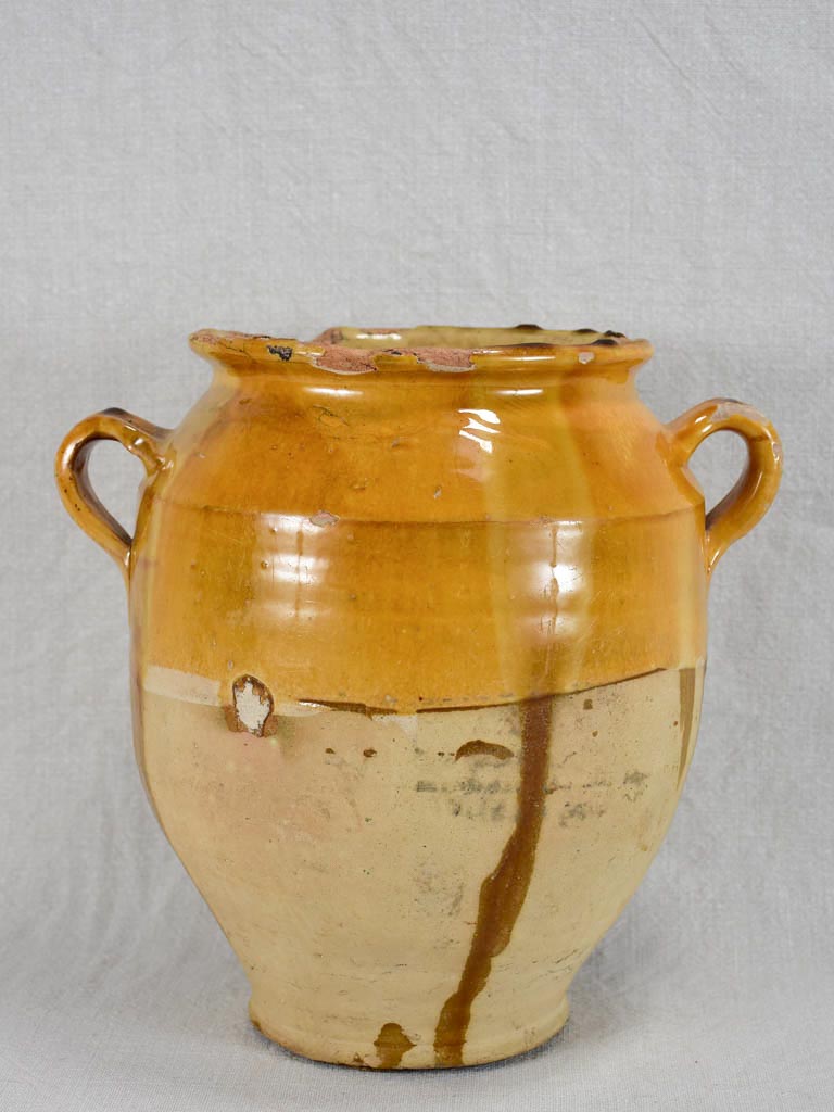 Rustic antique French confit pot with yellow / orange glaze 9¾"