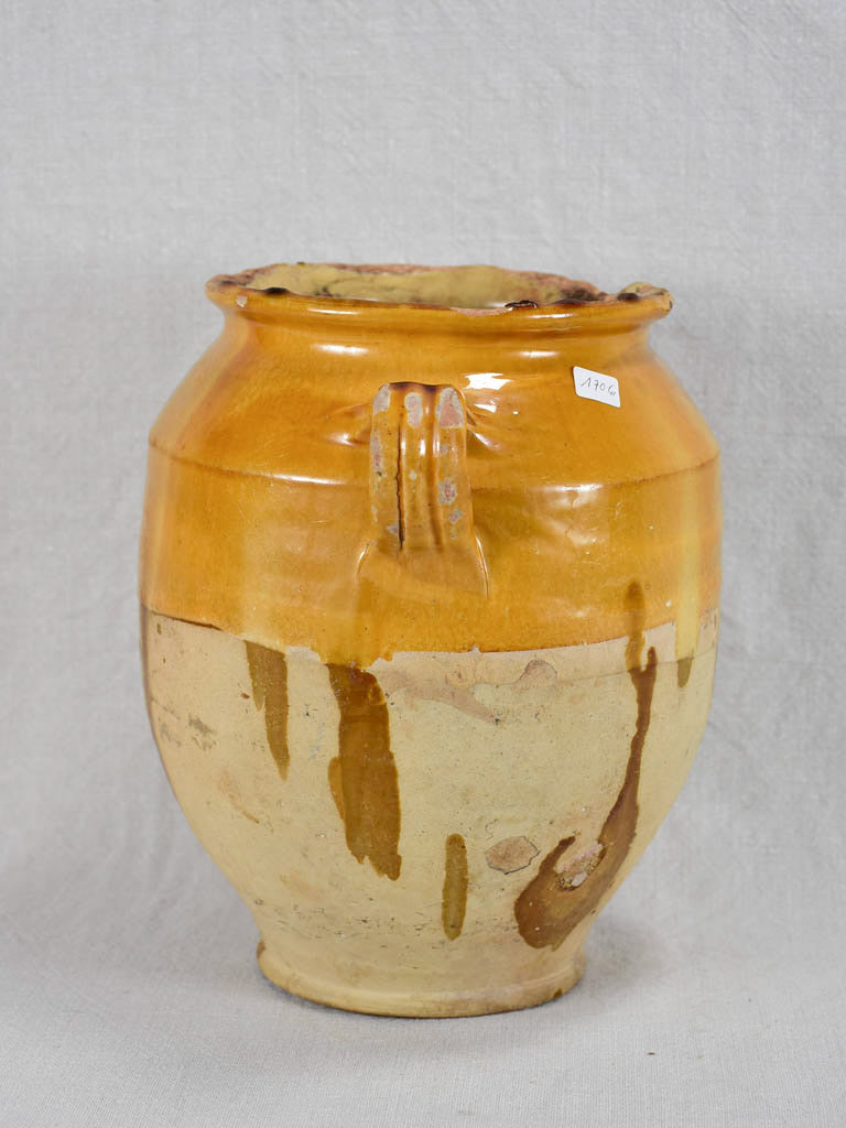 Rustic antique French confit pot with yellow / orange glaze 9¾"