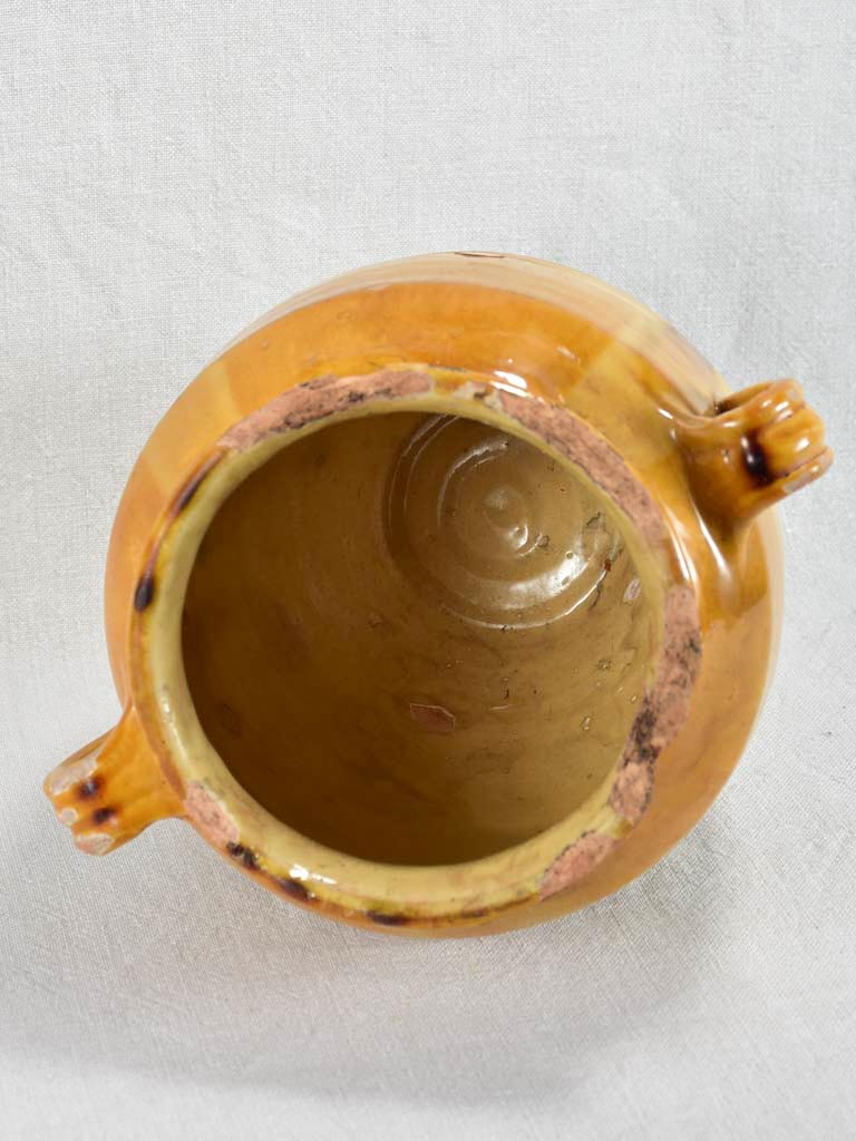 Rustic antique French confit pot with yellow / orange glaze 9¾"