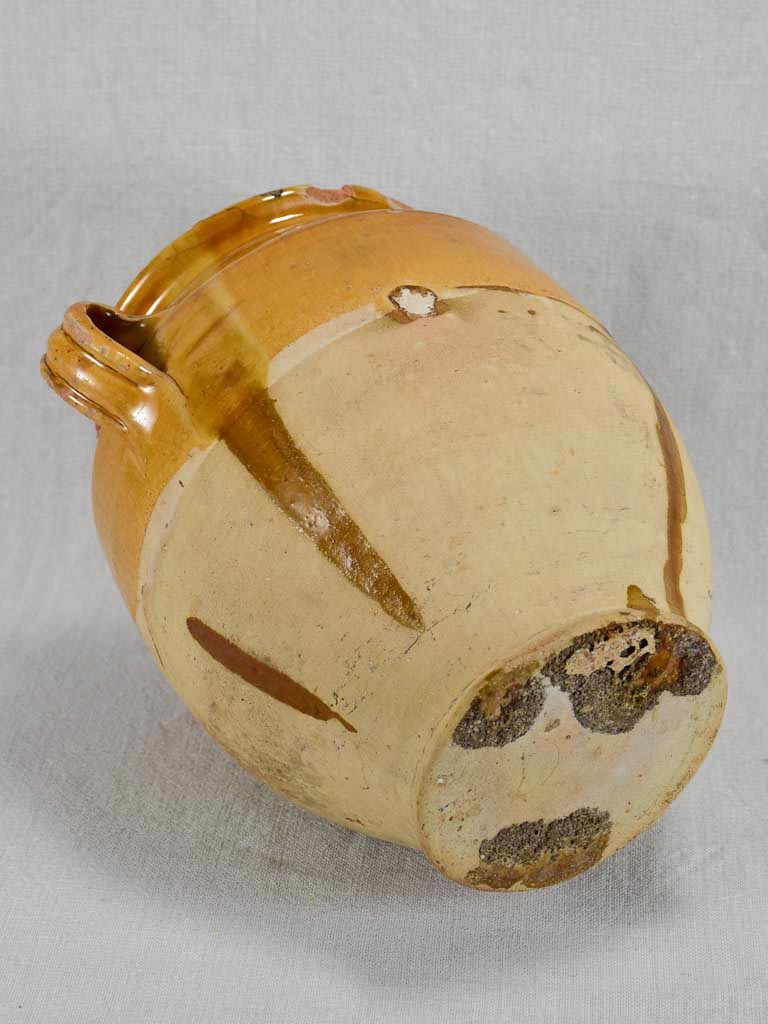 Rustic antique French confit pot with yellow / orange glaze 9¾"