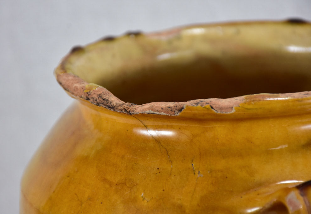 Rustic antique French confit pot with yellow / orange glaze 9¾"