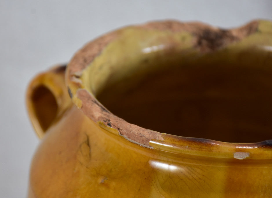 Rustic antique French confit pot with yellow / orange glaze 9¾"