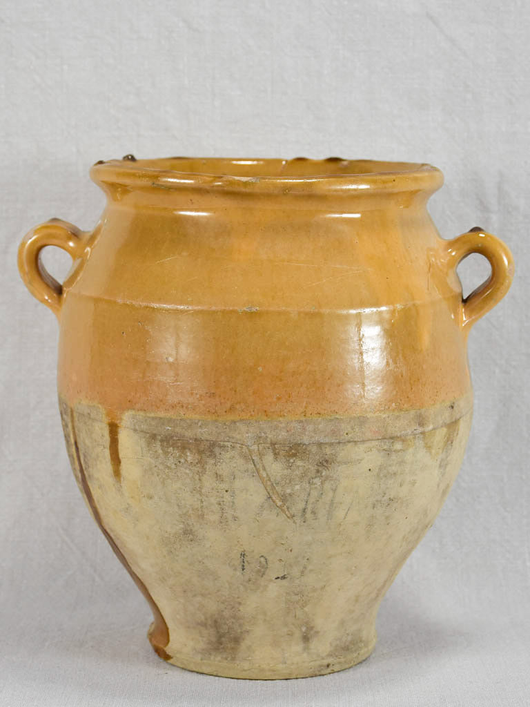 Antique French confit pot with yellow and brown glaze 10¼"