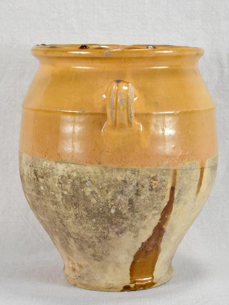 Antique French confit pot with yellow and brown glaze 10¼"