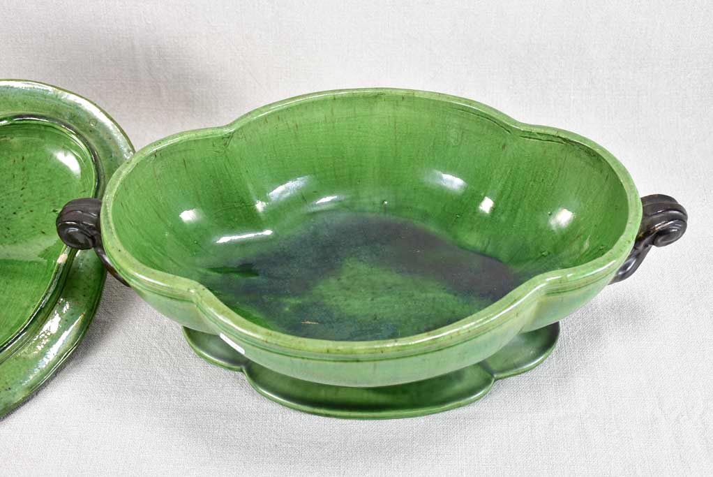 Antique French oval soup tureen from Dieulefit with green glaze 16¼"