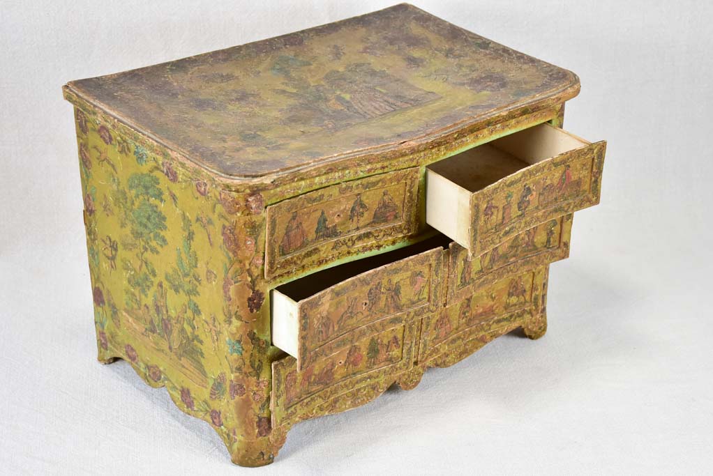Exceptional miniature papier mâché 18th century commode de maitrise 15¾"