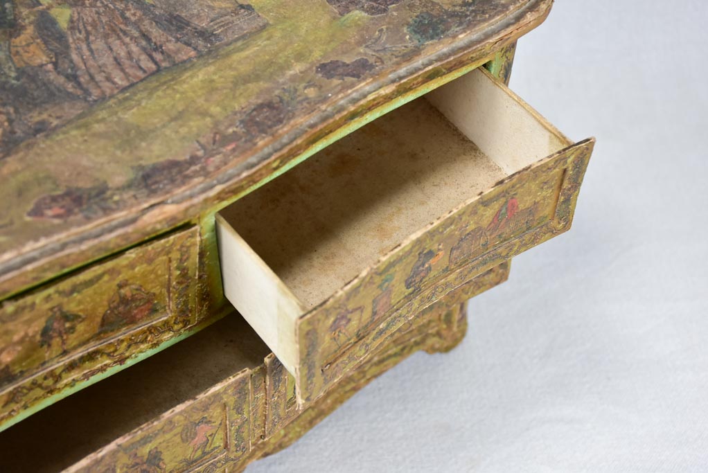 Exceptional miniature papier mâché 18th century commode de maitrise 15¾"