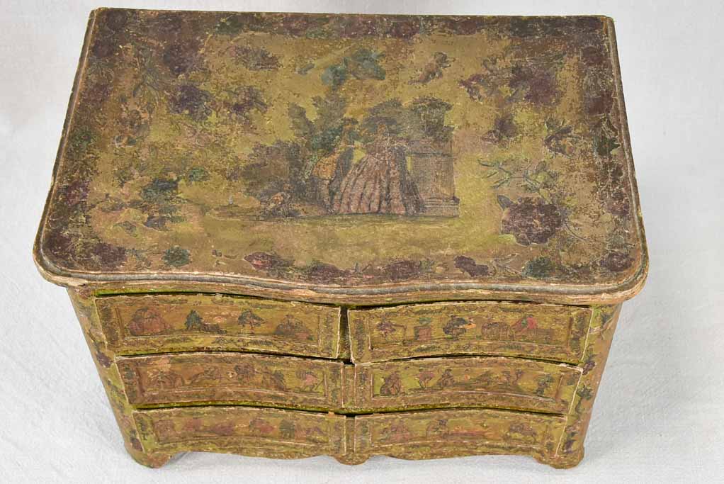 Exceptional miniature papier mâché 18th century commode de maitrise 15¾"
