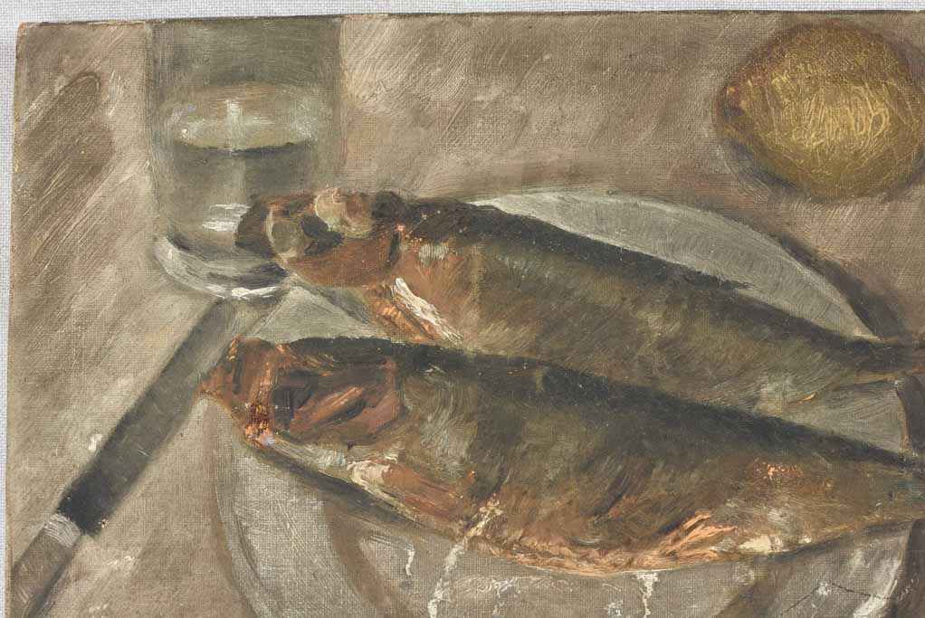 1950s still life painting - fish with lemon 11" x 14¼"