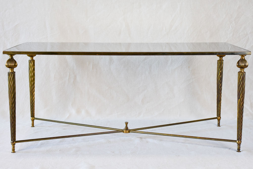 Mid century glass and brass coffee table with twisted tapered legs 39½" x 19¼"