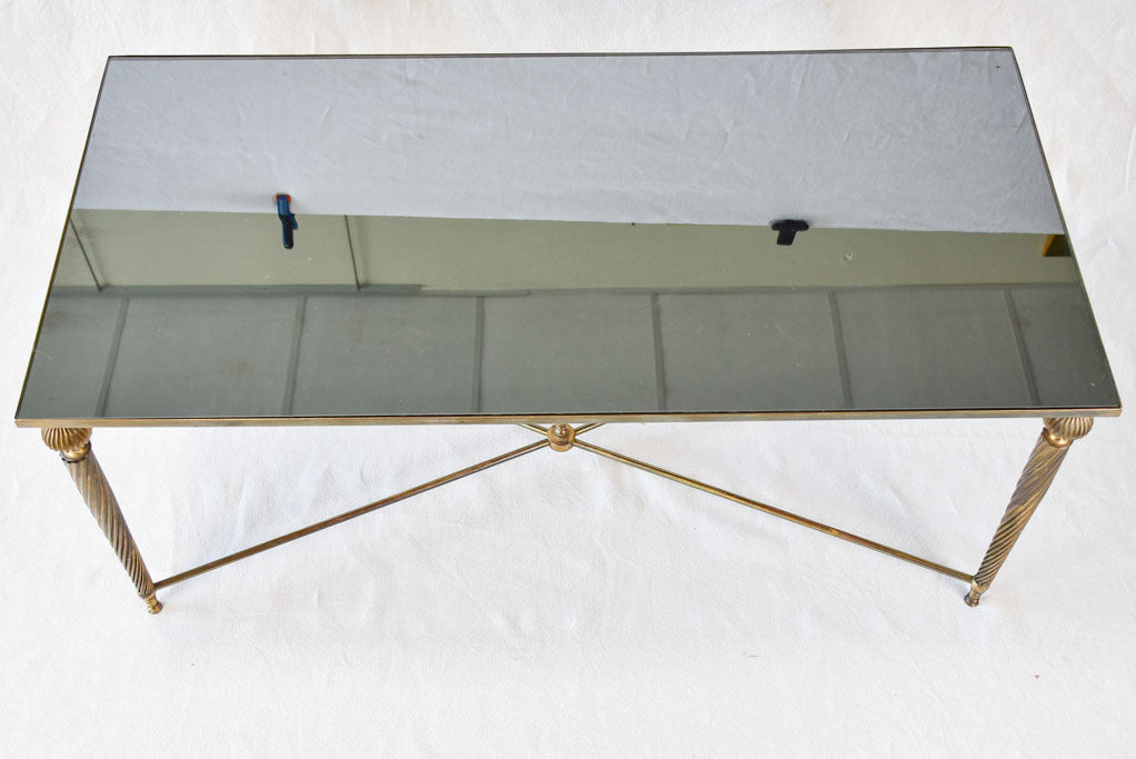 Mid century glass and brass coffee table with twisted tapered legs 39½" x 19¼"