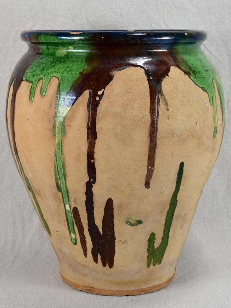 Large antique French pot with blue, brown and green glaze 14½"