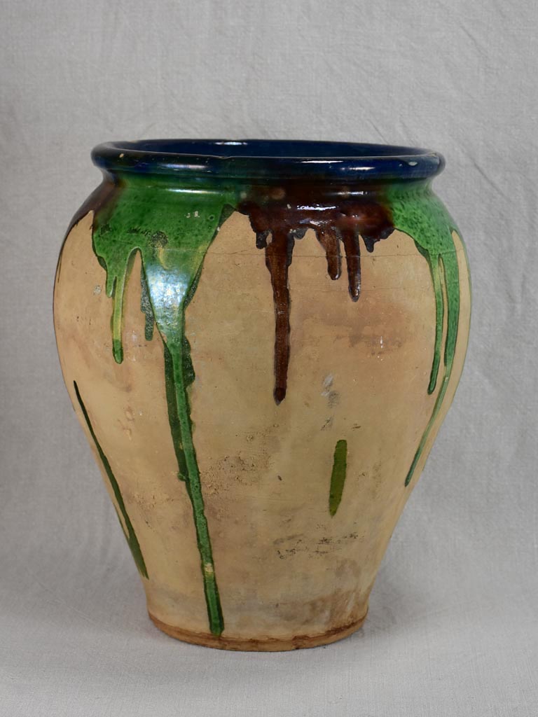 Large antique French pot with blue, brown and green glaze 14½"