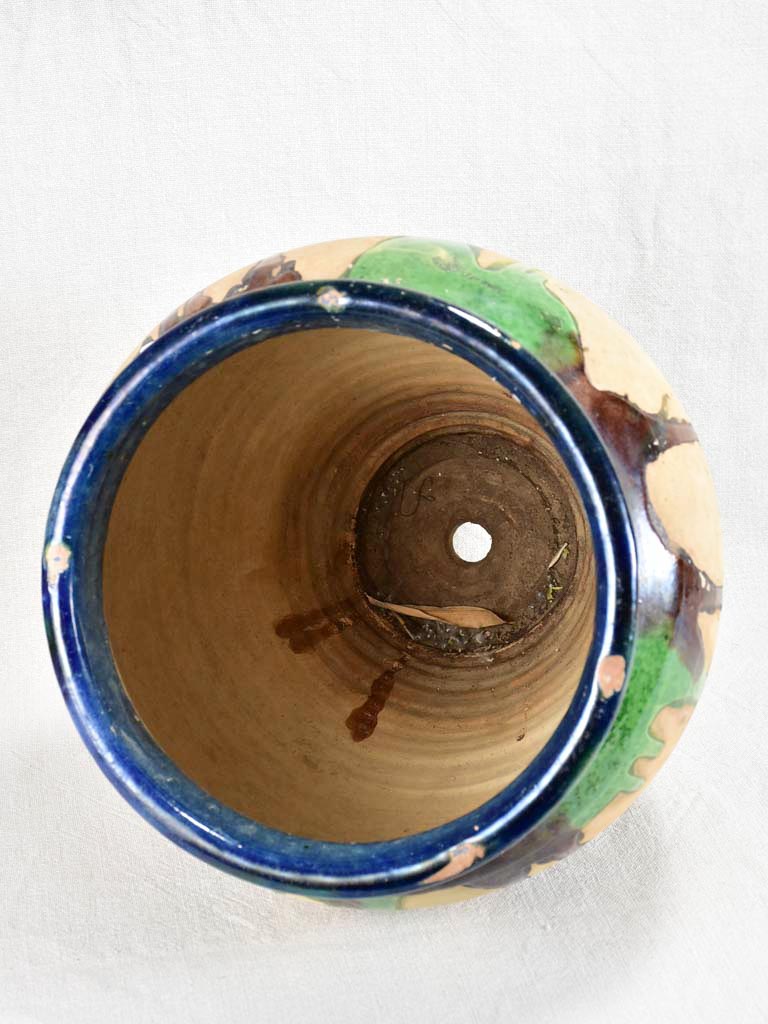 Large antique French pot with blue, brown and green glaze 14½"