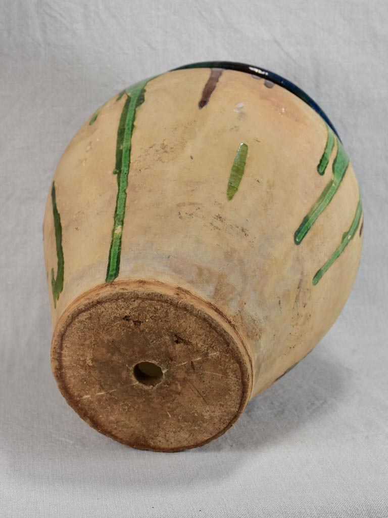 Large antique French pot with blue, brown and green glaze 14½"