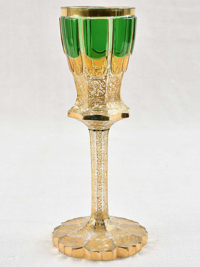 Rare Bohemian crystal wine glass - green & gold - 19th century