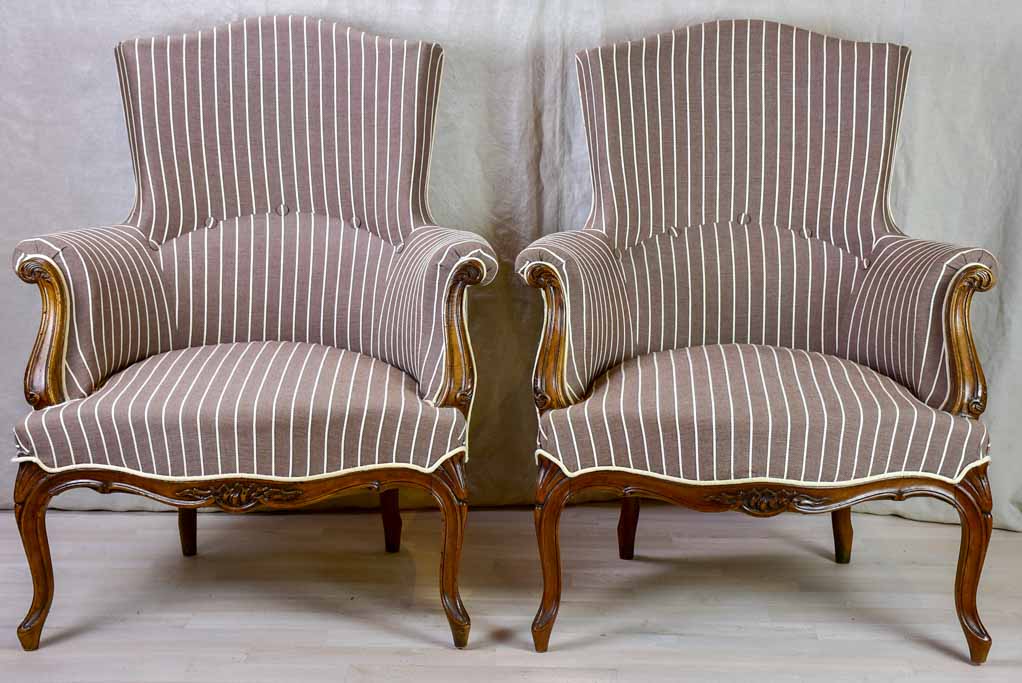 Pair of antique French bergere Napoleon III armchairs with striped brown fabric