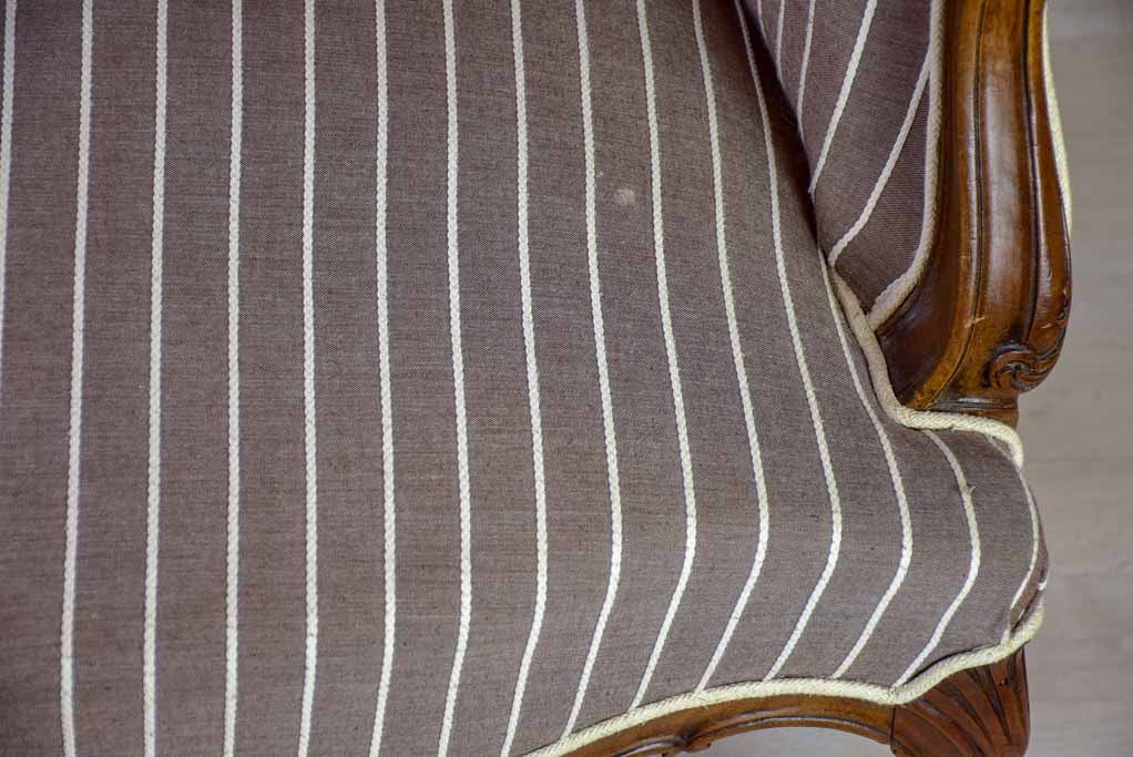 Pair of antique French bergere Napoleon III armchairs with striped brown fabric