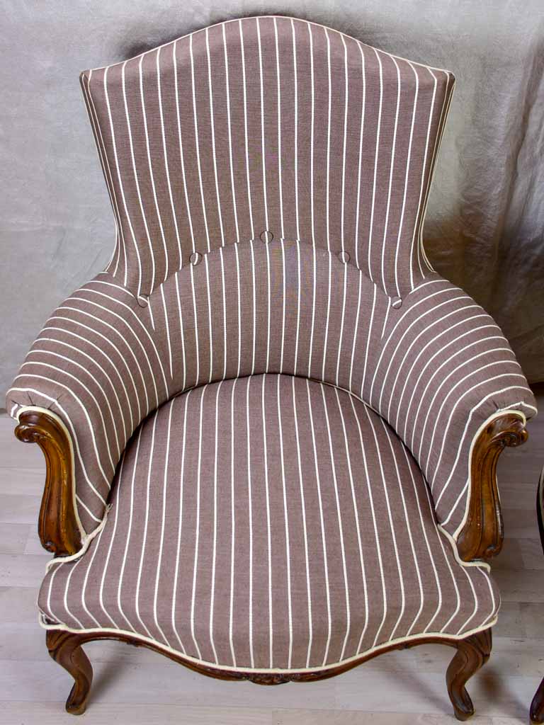 Pair of antique French bergere Napoleon III armchairs with striped brown fabric