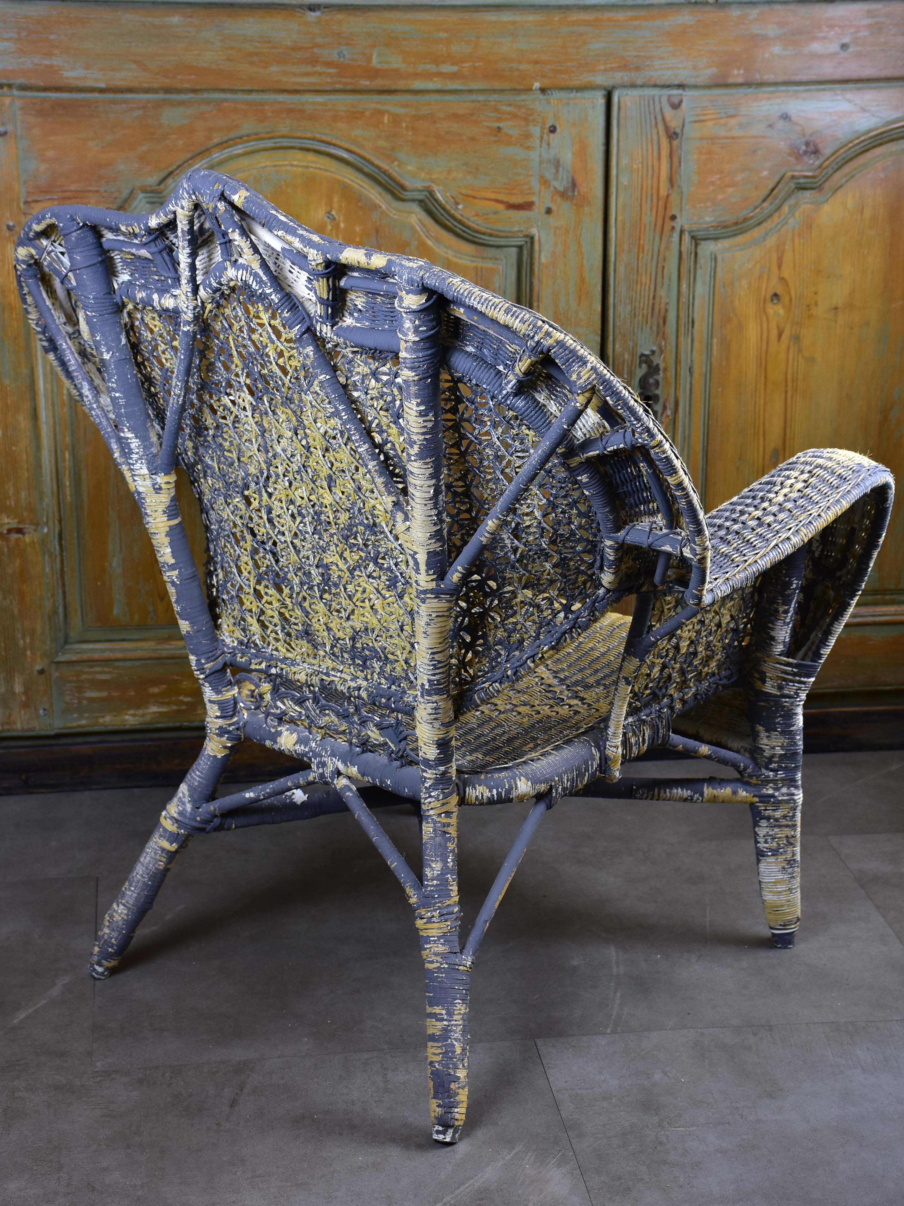 Antique French rattan armchair with blue patina