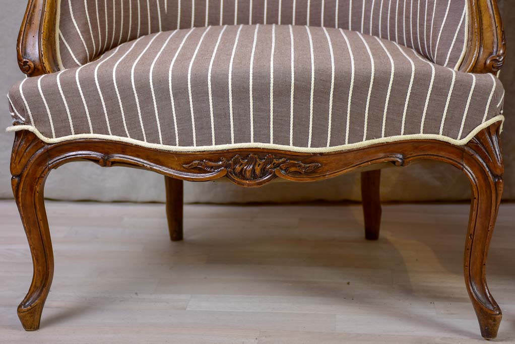 Pair of antique French bergere Napoleon III armchairs with striped brown fabric