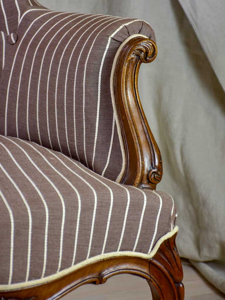 Pair of antique French bergere Napoleon III armchairs with striped brown fabric