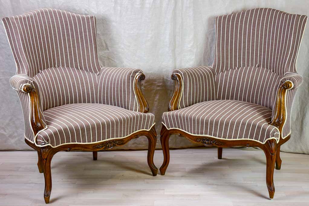 Pair of antique French bergere Napoleon III armchairs with striped brown fabric