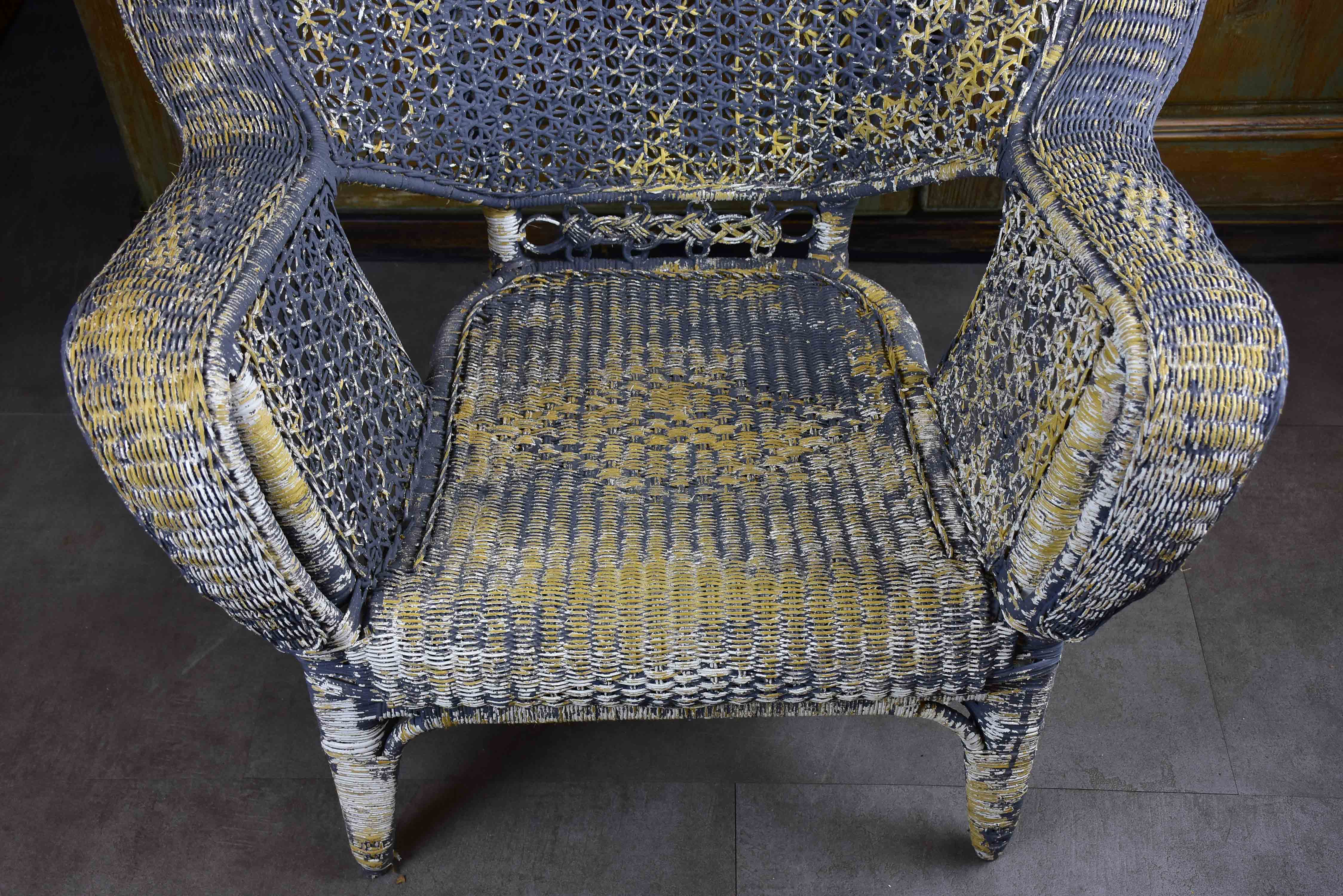 Antique French rattan armchair with blue patina