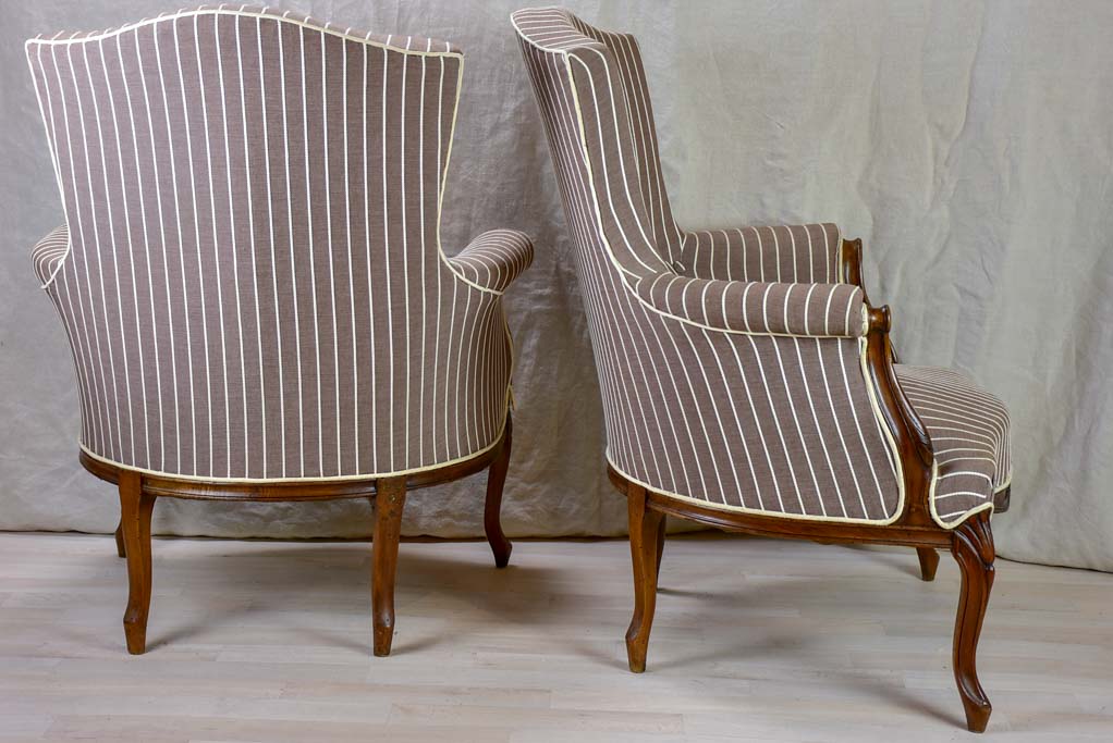 Pair of antique French bergere Napoleon III armchairs with striped brown fabric