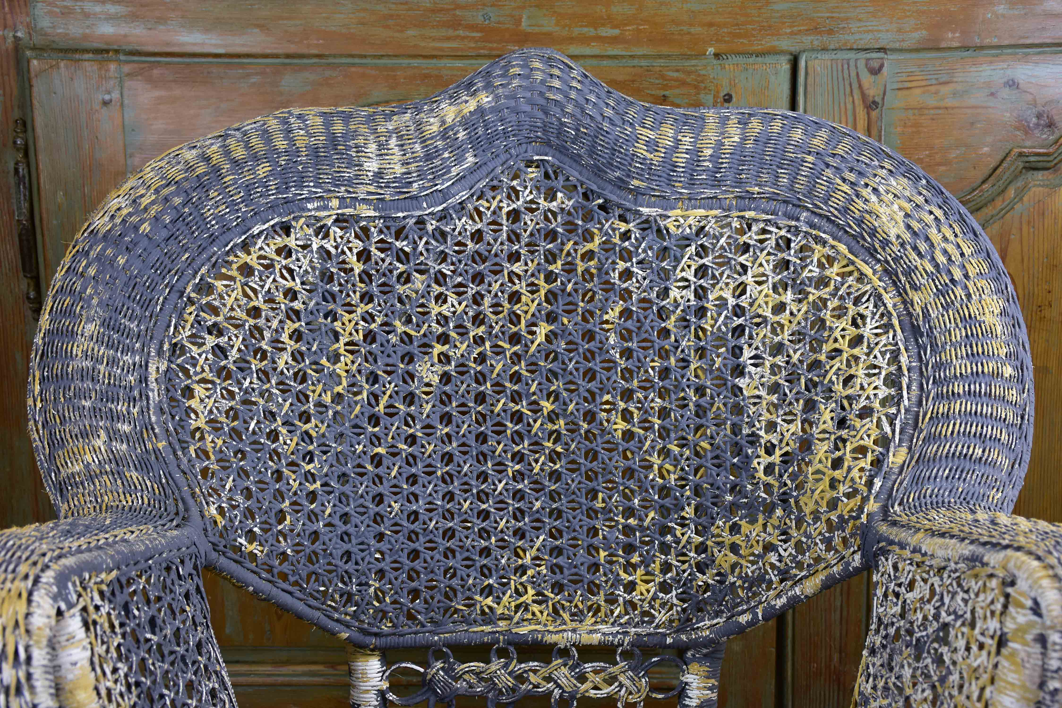 Antique French rattan armchair with blue patina