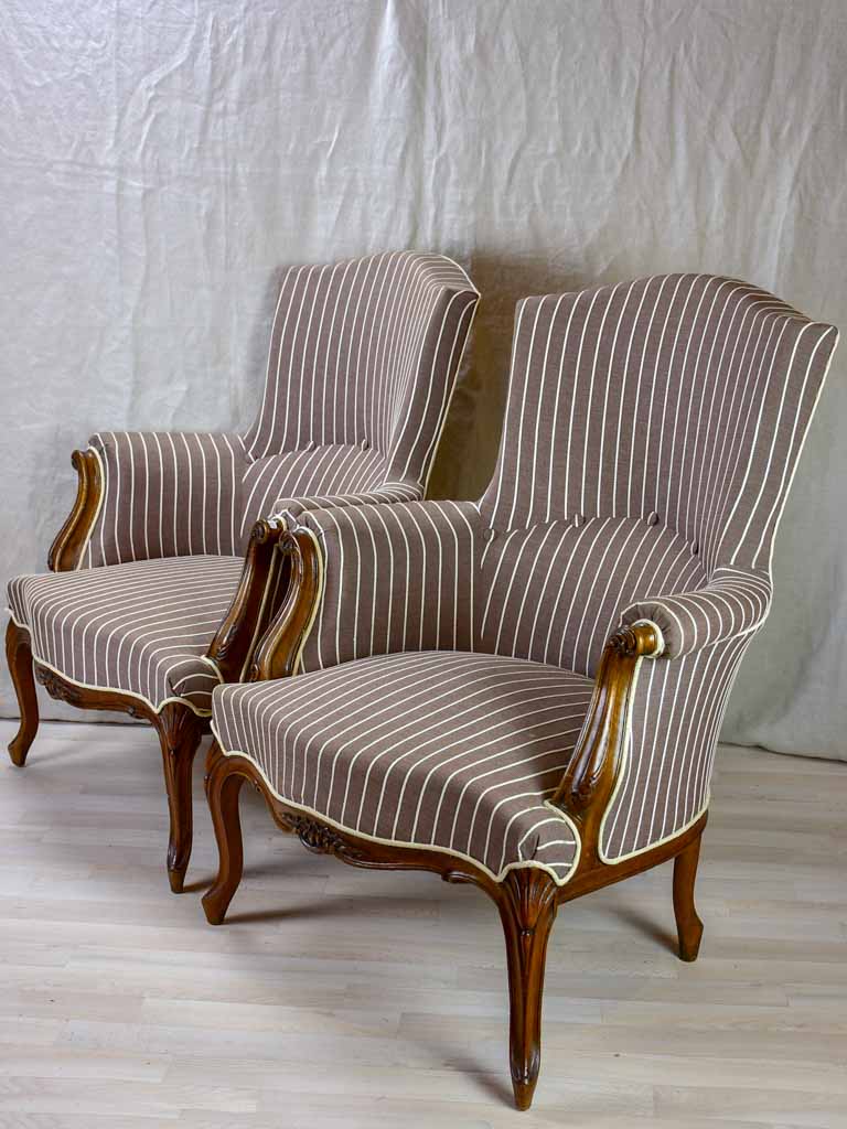 Pair of antique French bergere Napoleon III armchairs with striped brown fabric