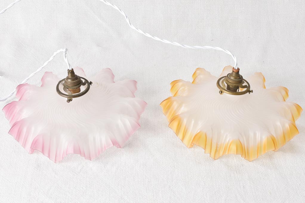 Pink and orange glass pendant light fittings - 1930s -11"