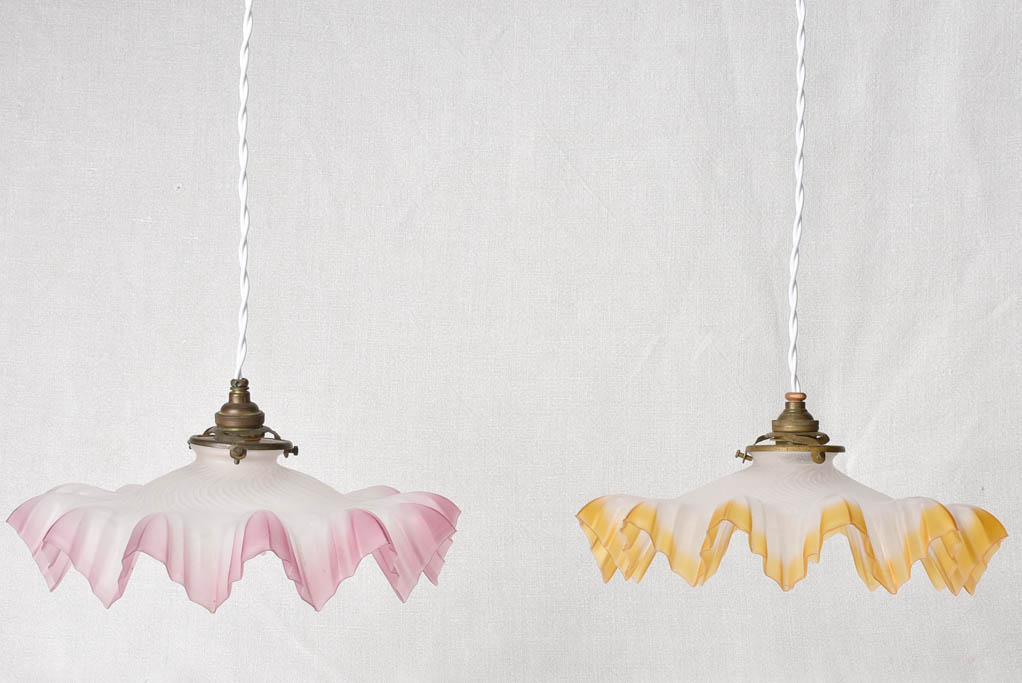Pink and orange glass pendant light fittings - 1930s -11"