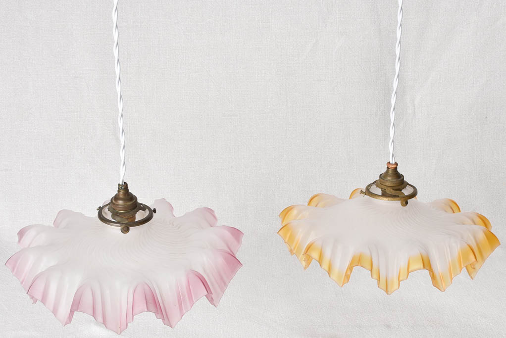 Pink and orange glass pendant light fittings - 1930s -11"