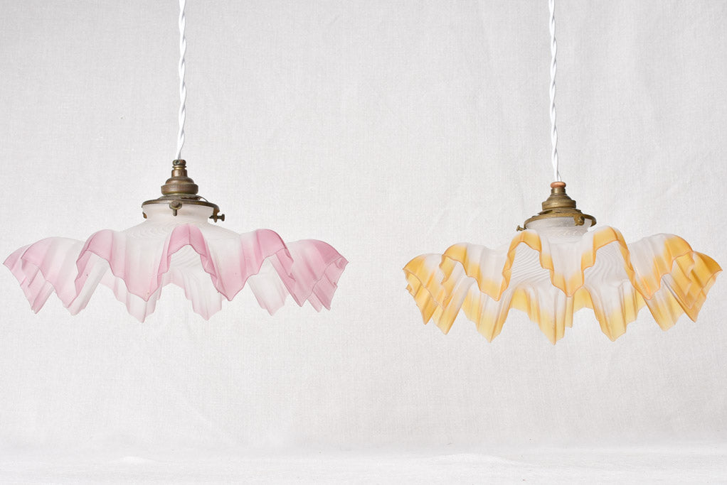 Pink and orange glass pendant light fittings - 1930s -11"