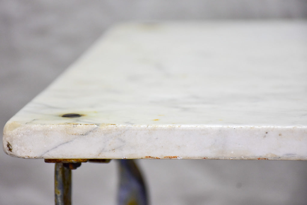 Small 19th Century rectangular garden table with marble top and blue iron base 22¾" x 32¼"