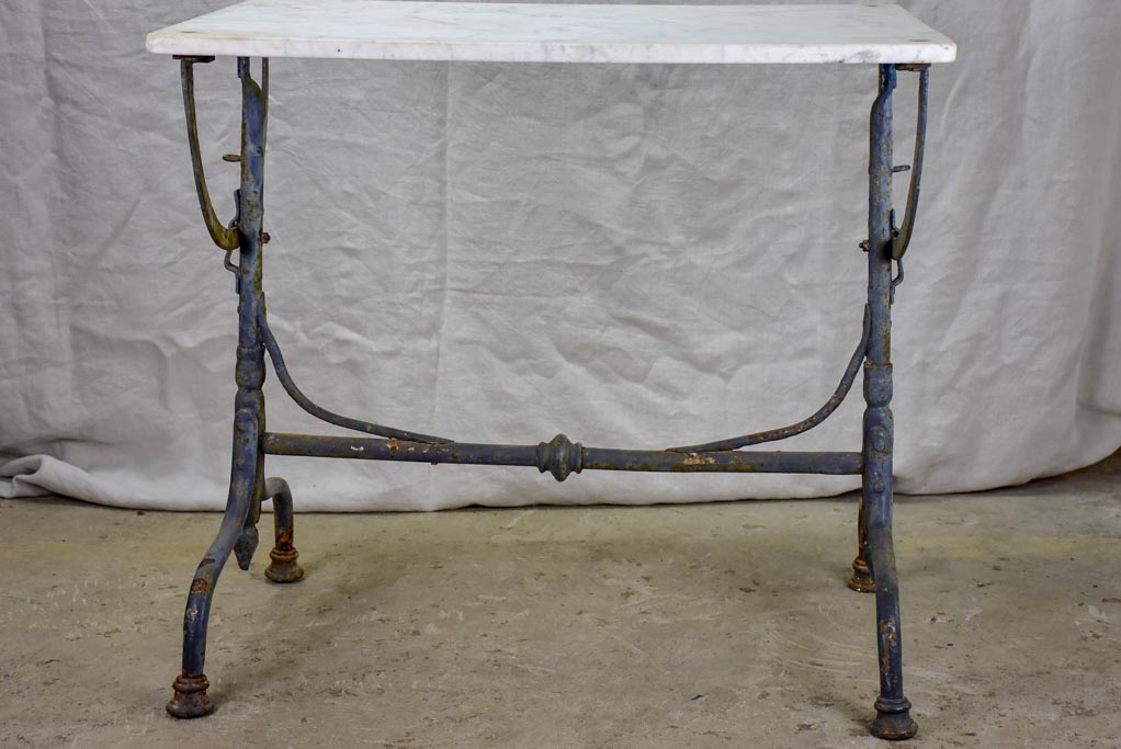 Small 19th Century rectangular garden table with marble top and blue iron base 22¾" x 32¼"