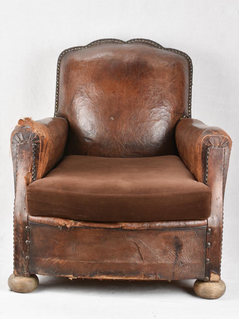 Rustic French leather club chair