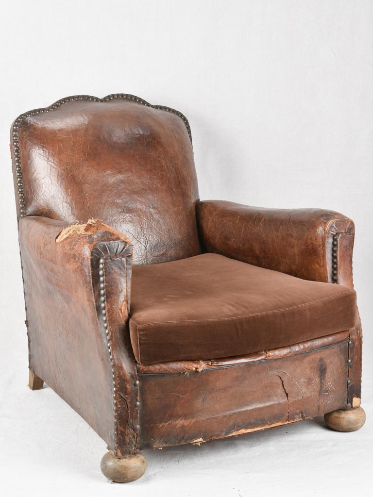 Rustic French leather club chair