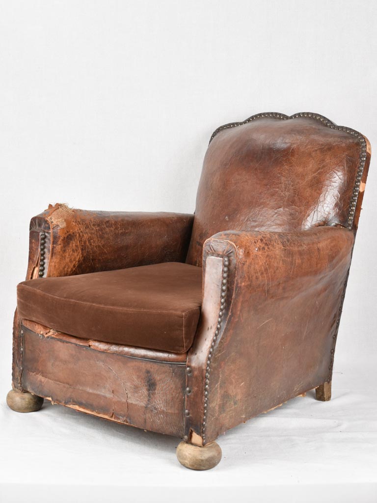 Rustic French leather club chair