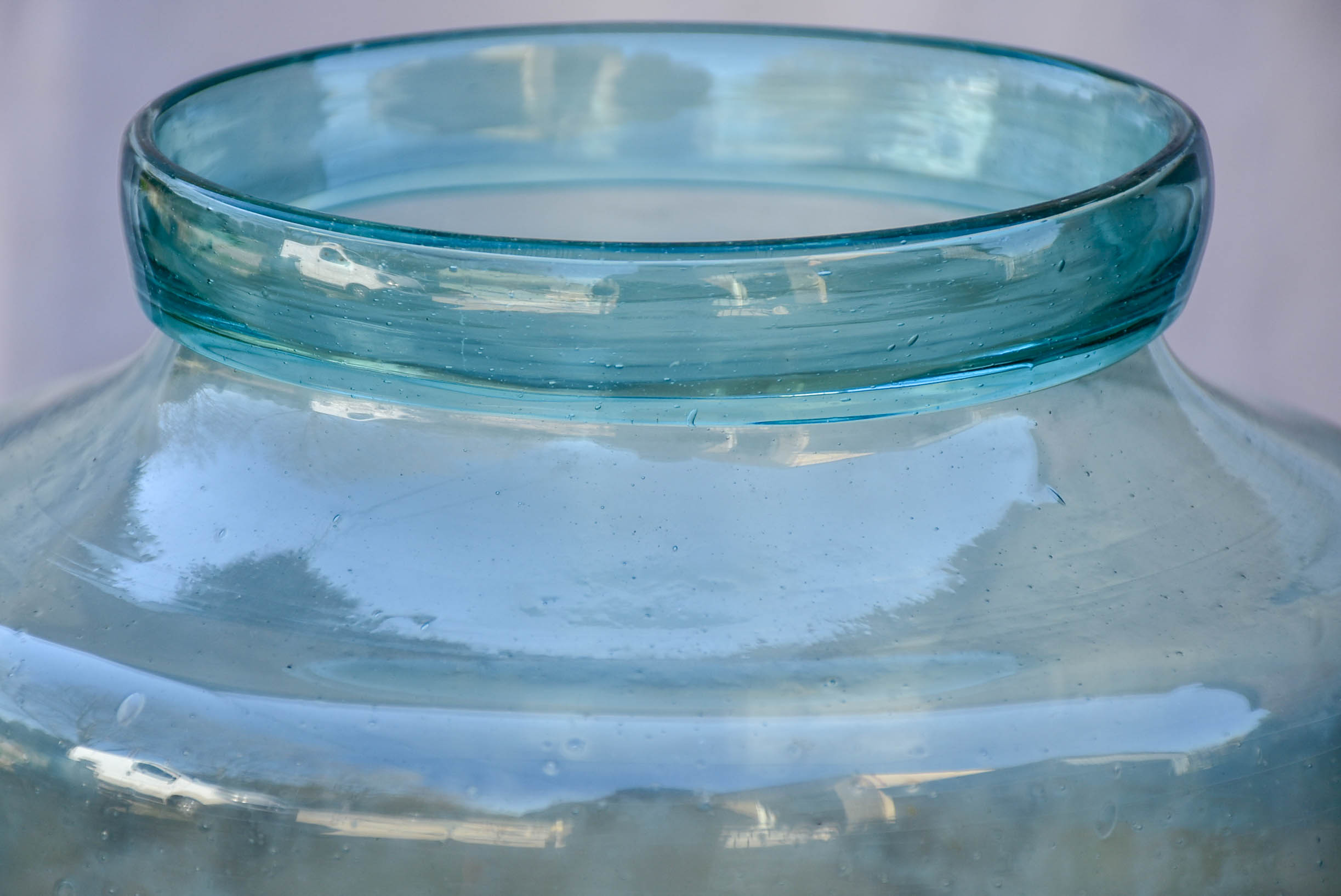 Large antique French preserving jar with aqua glass