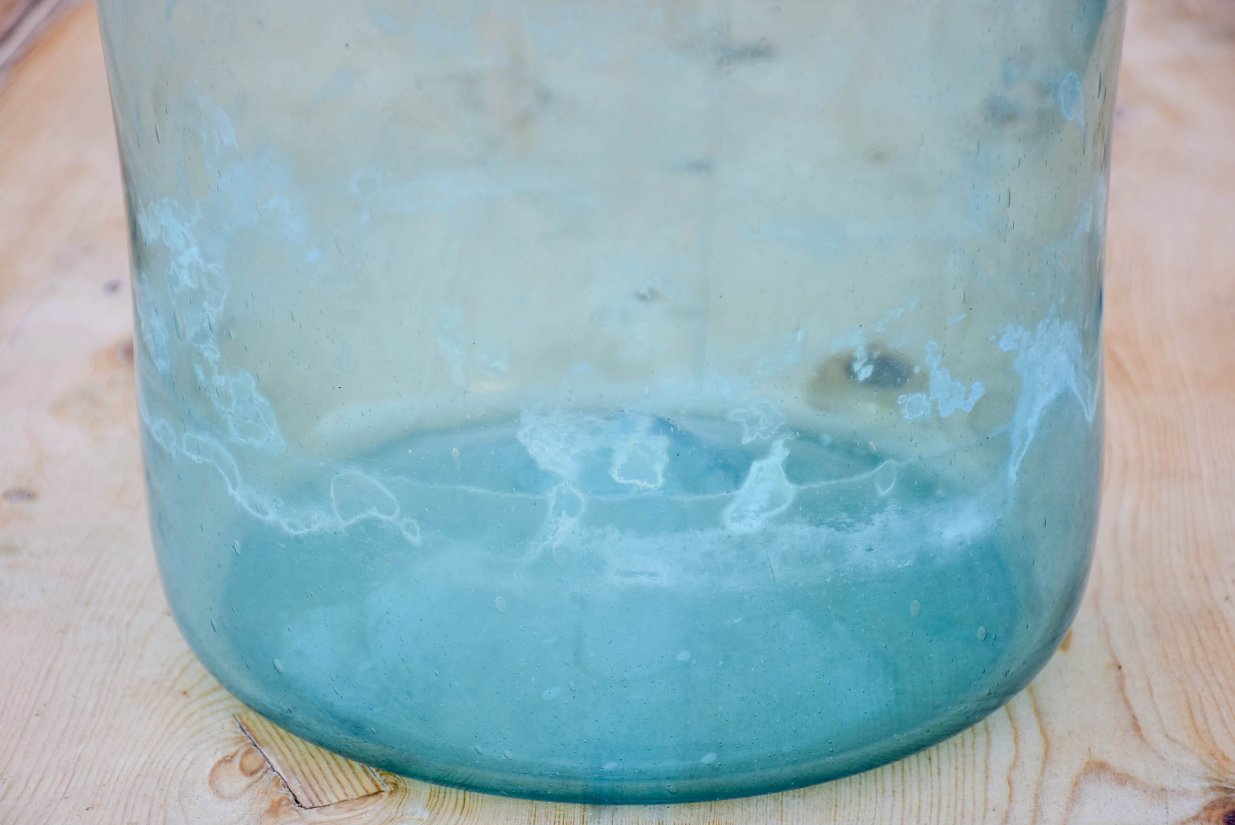 Large antique French preserving jar with aqua glass