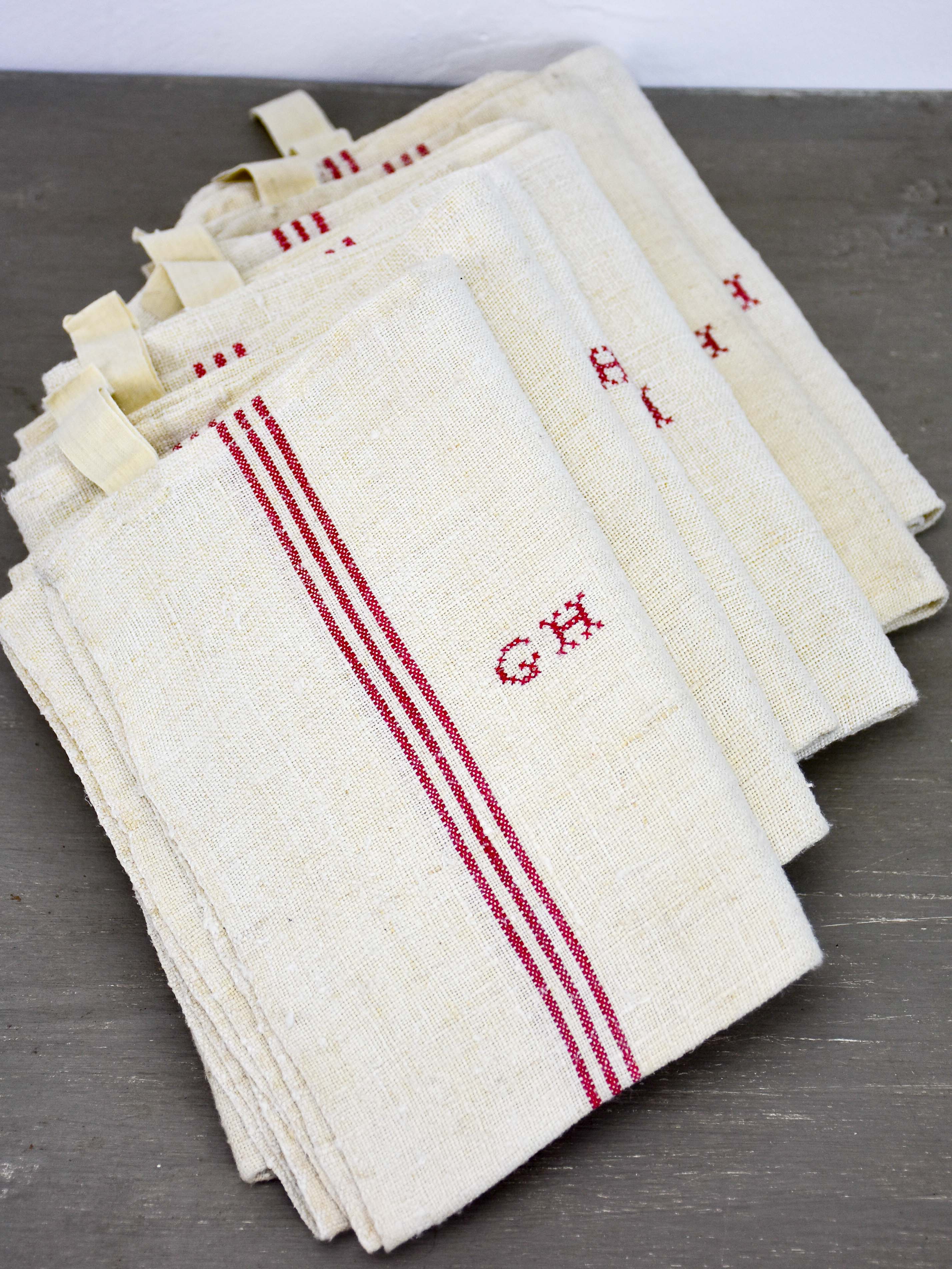 Six French tea towels with GH monogram