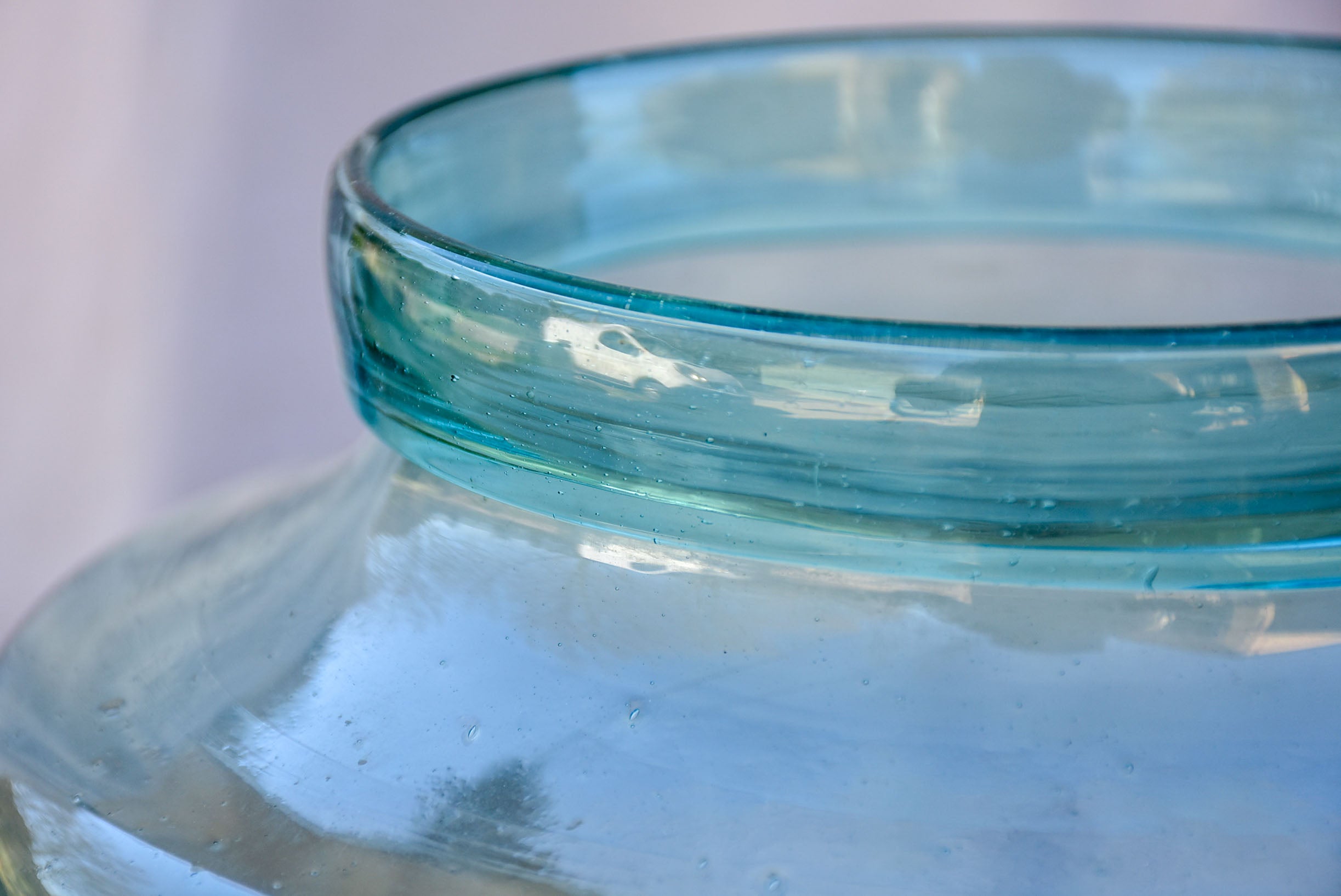 Large antique French preserving jar with aqua glass