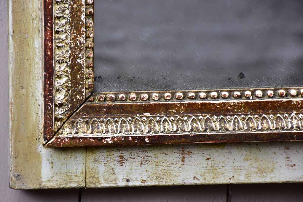 Pretty Louis XVI trumeau mirror with navy blue and fatigued gilding 25½" x 53½"