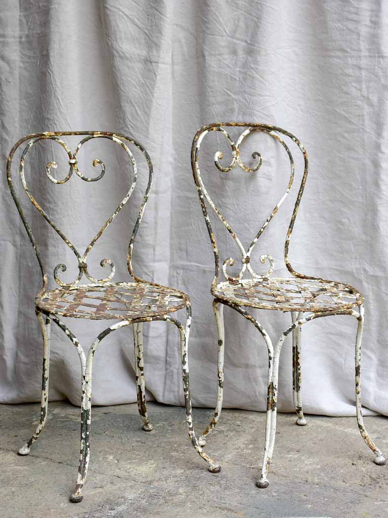 Three antique French garden chairs - heart backrest with lattice seat