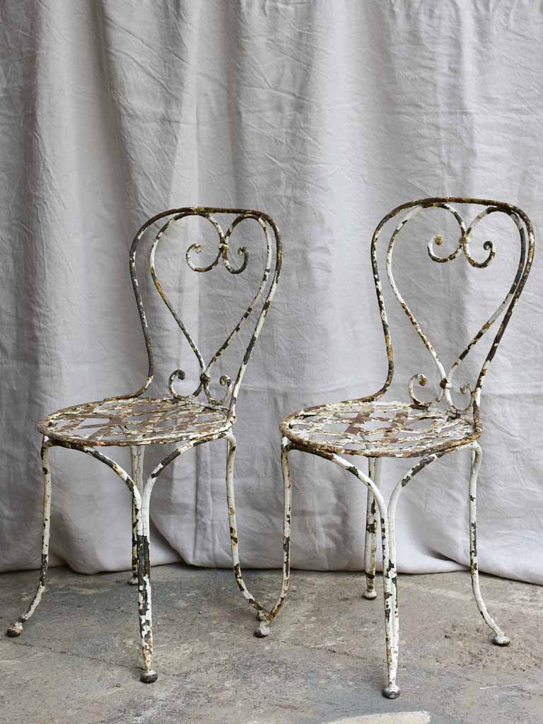 Three antique French garden chairs - heart backrest with lattice seat
