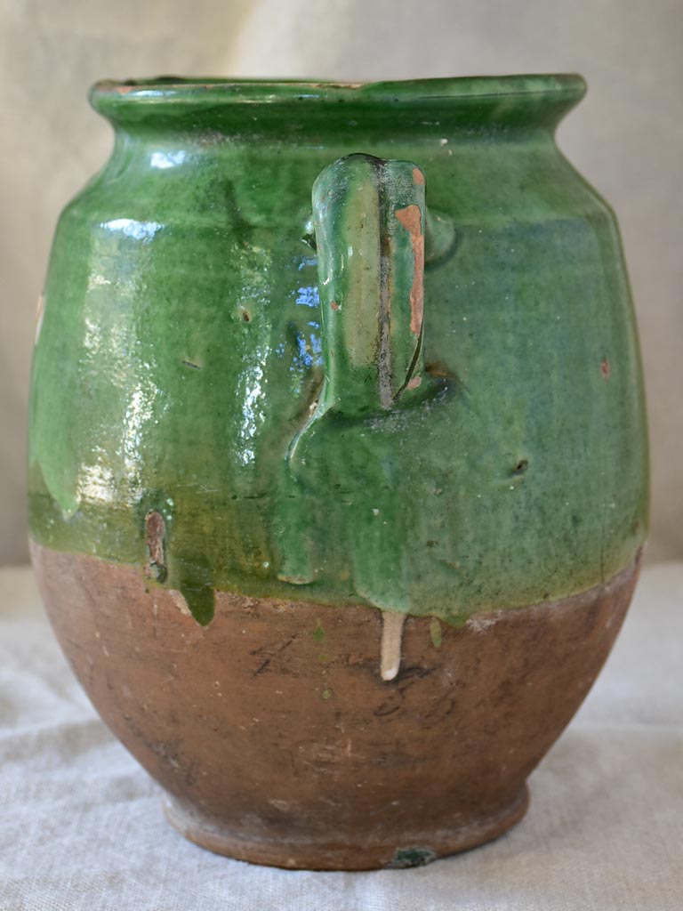 20th Century French confit pot with green glaze 9"