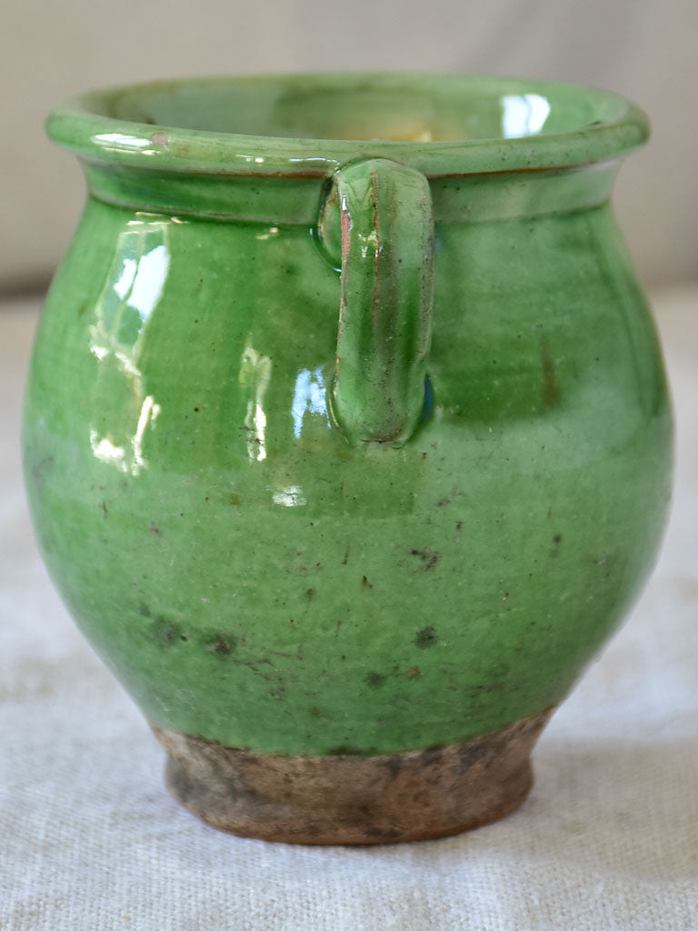 Miniature antique French confit pot with green glaze 4"